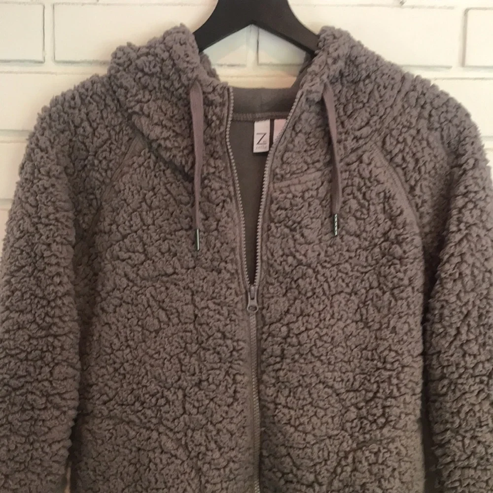 Z by Zella Bomber Fleece Hooded Sherpa Gray Jacket Size Medium - Picture 12 of 13